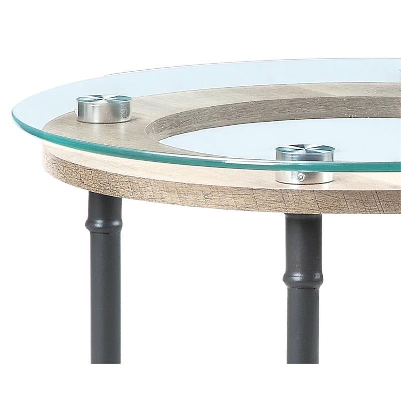 ACME Brantley Pipe Style Round Glass Top End Table in Clear and Sandy Gray