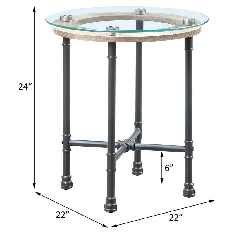 ACME Brantley Pipe Style Round Glass Top End Table in Clear and Sandy Gray