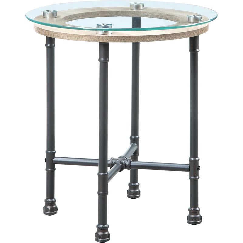 ACME Brantley Pipe Style Round Glass Top End Table in Clear and Sandy Gray