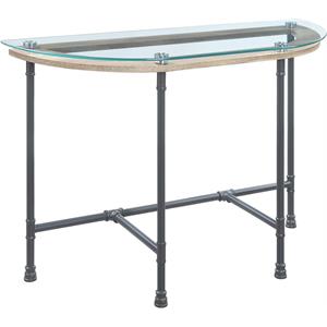 acme brantley pipe style glass top sofa table in clear and sandy gray