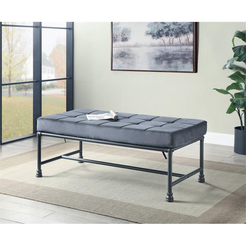 ACME Brantley Tufted Bench with Metal Frame in Gray and Sandy Gray Velvet
