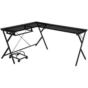acme demas glass top l-shaped computer desk with computer holder in black