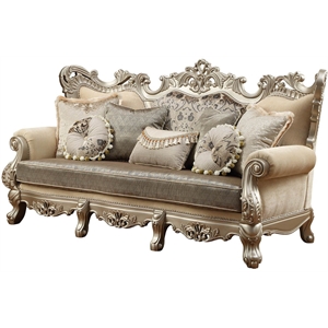 acme ranita fabric upholstered sofa in champagne wood trim