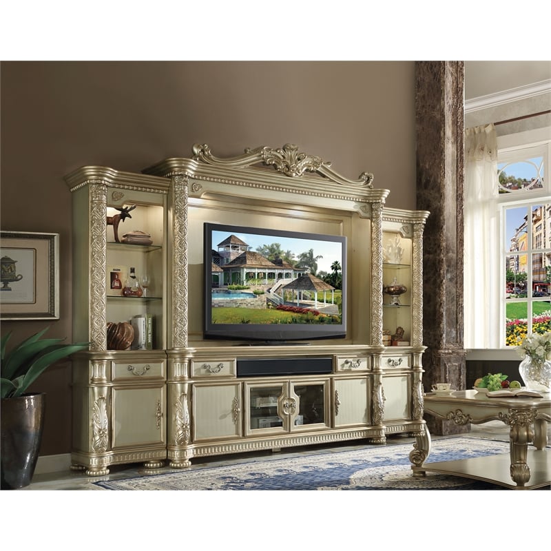 ACME Vendome II Wooden TV Stand in Gold Patina and Bone