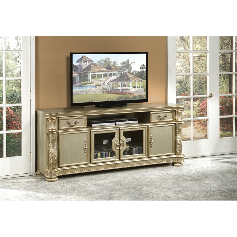 ACME Vendome II Wooden TV Stand in Gold Patina and Bone