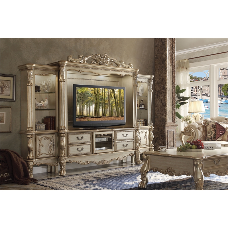 ACME Dresden 4-Drawer Wooden TV Stand in Gold Patina and Bone