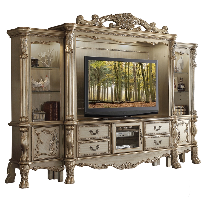 ACME Dresden 4-Drawer Wooden TV Stand in Gold Patina and Bone