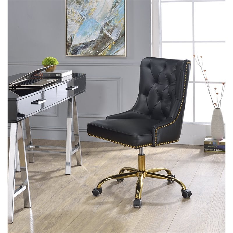ACME Purlie Faux Leather Tufted Swivel Office Chair in Black Gold