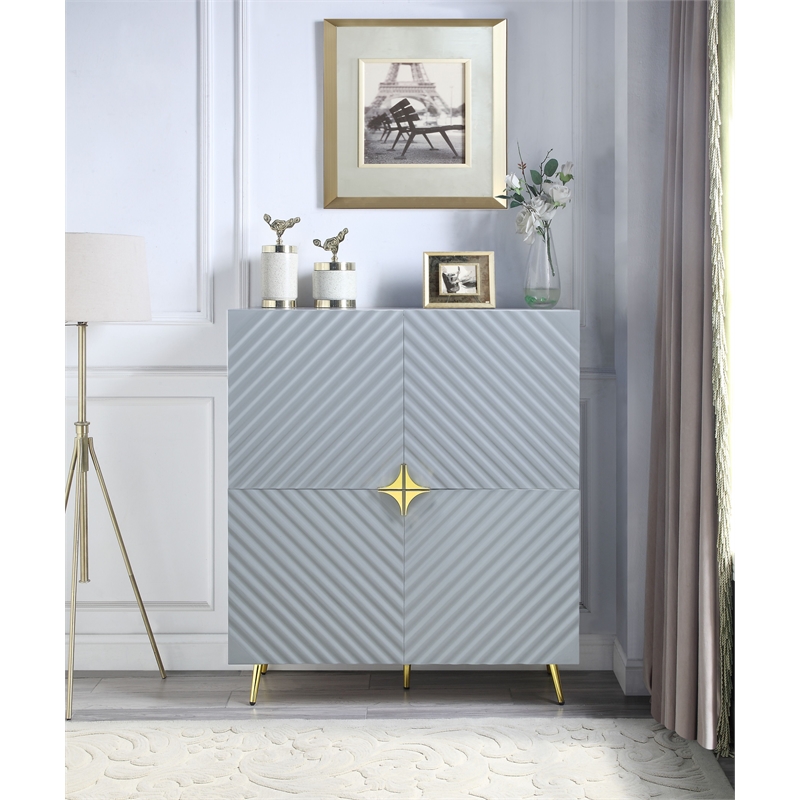ACME Gaines 2-Door Accent Cabinet with Metal Legs in Gray High Gloss