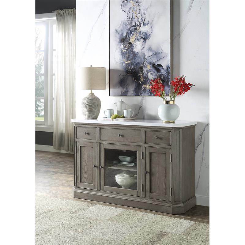 ACME Zumala 3 Drawers Wooden Server with Marble Top in White and Weathered Oak