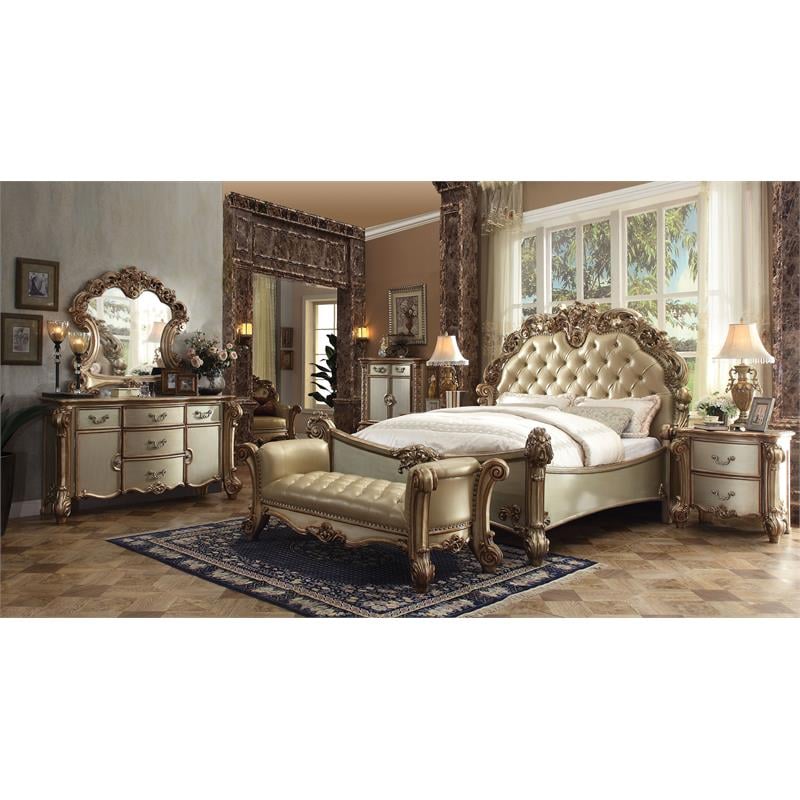 ACME Vendome Faux Leather Queen Panel Bed in Brass and Gold