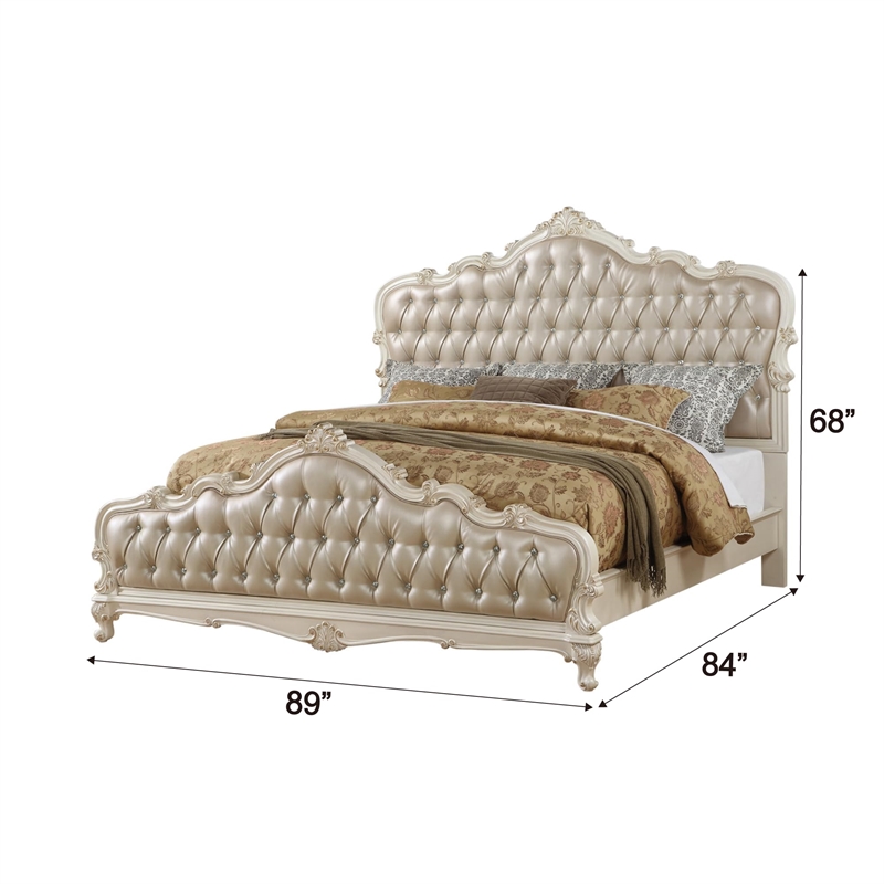 ACME Chantelle Eastern King Tufted Faux Leather Bed in Rose Gold and Pearl White