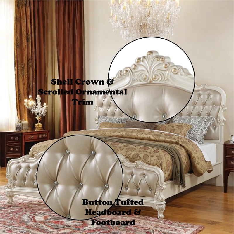 ACME Chantelle Eastern King Tufted Faux Leather Bed in Rose Gold and Pearl White