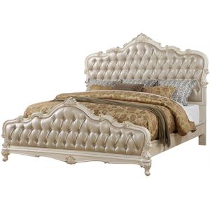 acme chantelle eastern king bed in rose gold pu & pearl white