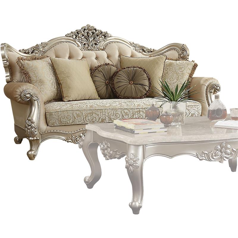 ACME Bently Tufted Sofa with 7 Pillows in Champagne Gold Fabric