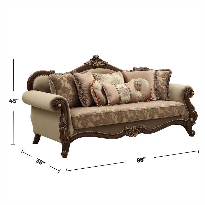 ACME Mehadi Velvet Upholstered Sofa with 8 Pillows in Walnut