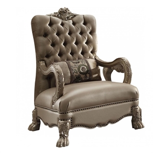 ACME Dresden Tufted Chair with 1 Pillow in Bone Velvet and Gold Patina