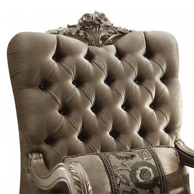 ACME Dresden Tufted Chair with 1 Pillow in Bone Velvet and Gold Patina