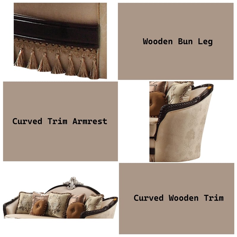 ACME Ernestine Sofa (with 7 Pillows) in Tan Fabric & Black