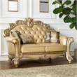 ACME Vendome Faux Leather Tufted Loveseat with 3 Pillows in Bone and Gold Patina