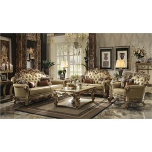 acme vendome loveseat (with 3 pillows) in bone pu & gold patina