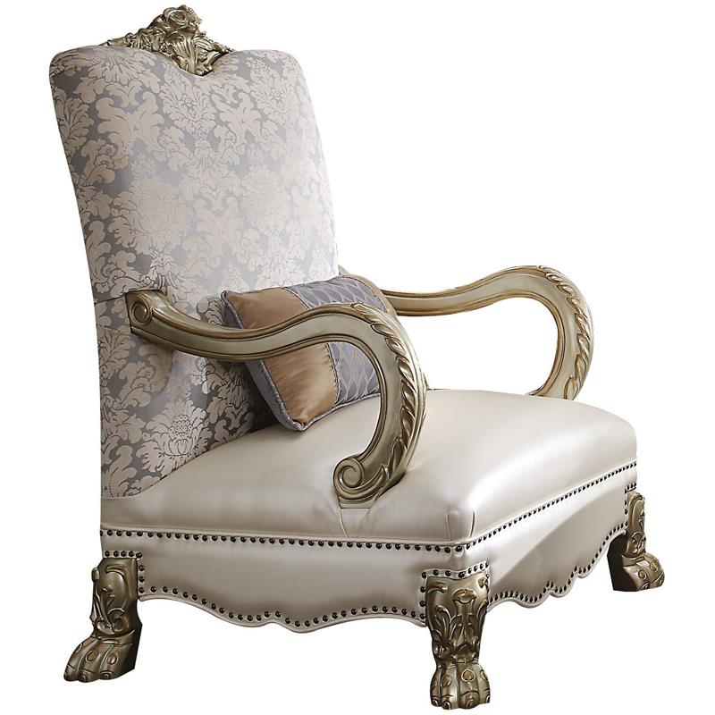 ACME Dresden II Faux Leather Upholstered Chair in Pearl amd Gold Patina