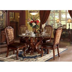 acme dresden dining table with single pedestal in cherry oak & clear glass