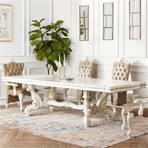 ACME Versailles Rectangular Wood Dining Table with 2 Leaves in Bone White