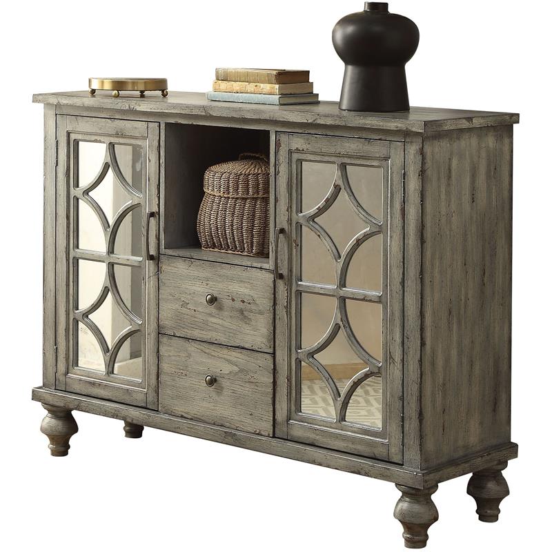 ACME Velika 2-Drawers Wooden Console Table with 2 Doors in Weathered Gray
