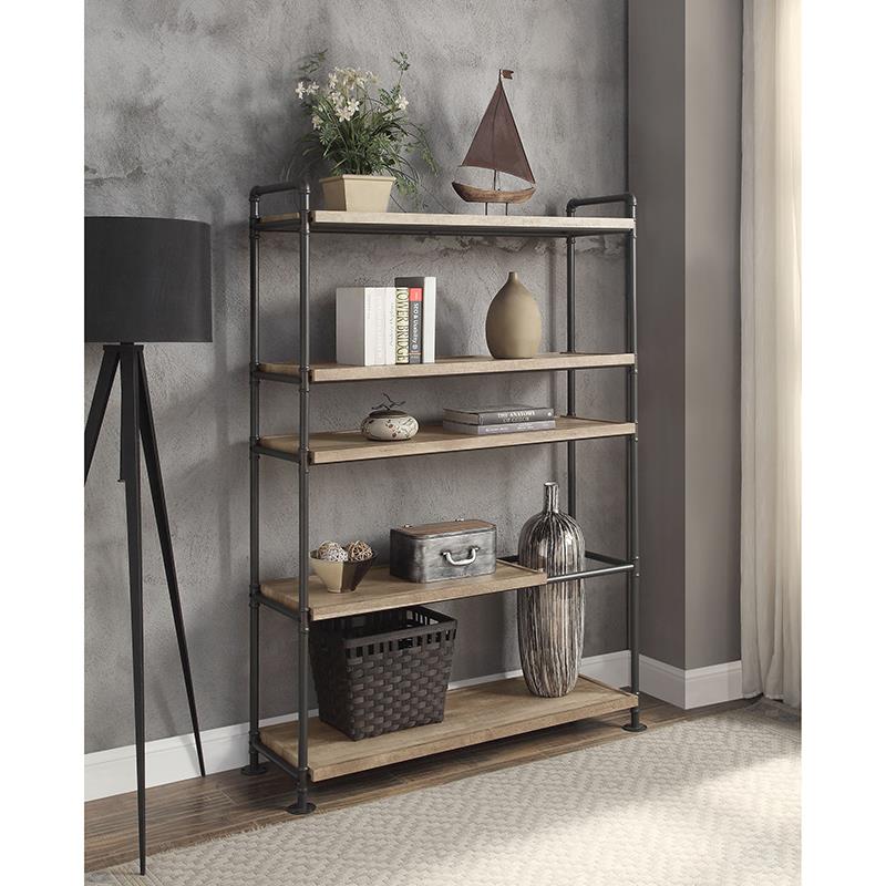 ACME Brantley Bookshelf with 5 Wooden Shelves in Oak and Sandy Black