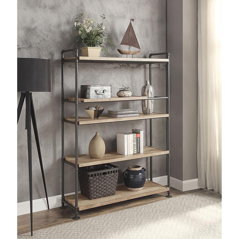 ACME Brantley Bookshelf with 5 Wooden Shelves in Oak and Sandy Black