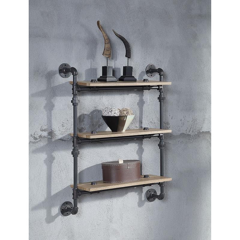 ACME Brantley Wall Rack with 3 Wooden Shelves in Oak and Sandy Black