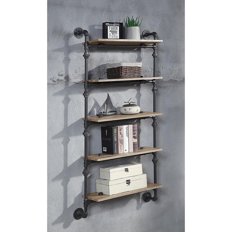 ACME Brantley Wall Rack with 5 Wooden Shelves in Oak and Sandy Black