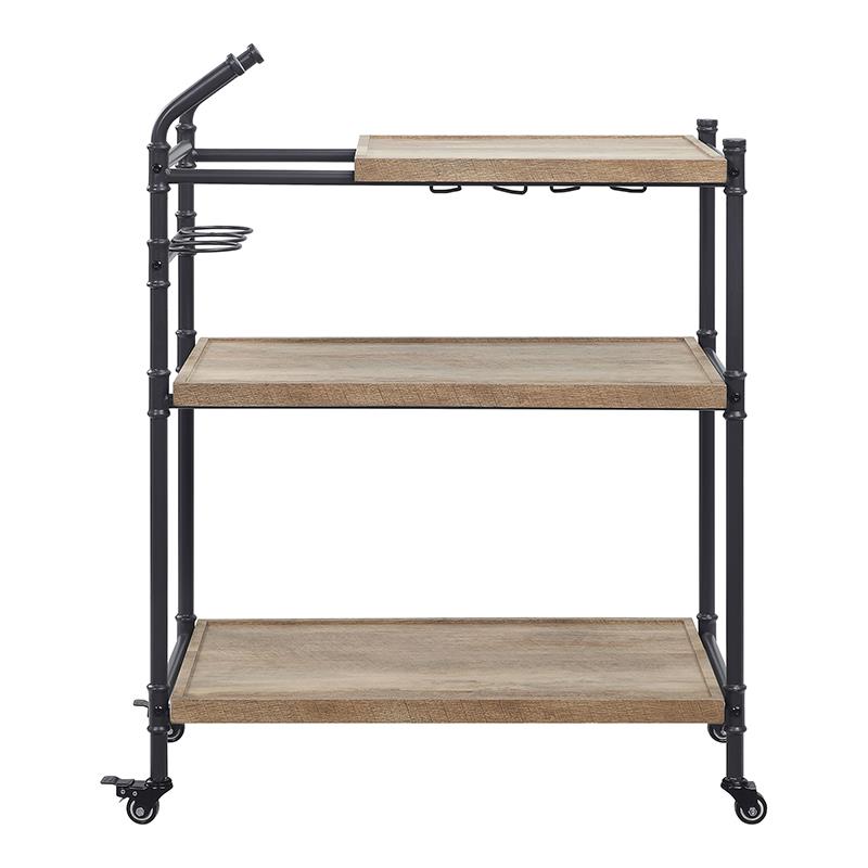 ACME Brantley Serving Cart with 3 Wooden Shelves in Oak and Sandy Black