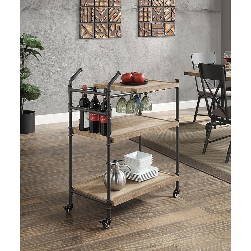 ACME Brantley Serving Cart with 3 Wooden Shelves in Oak and Sandy Black