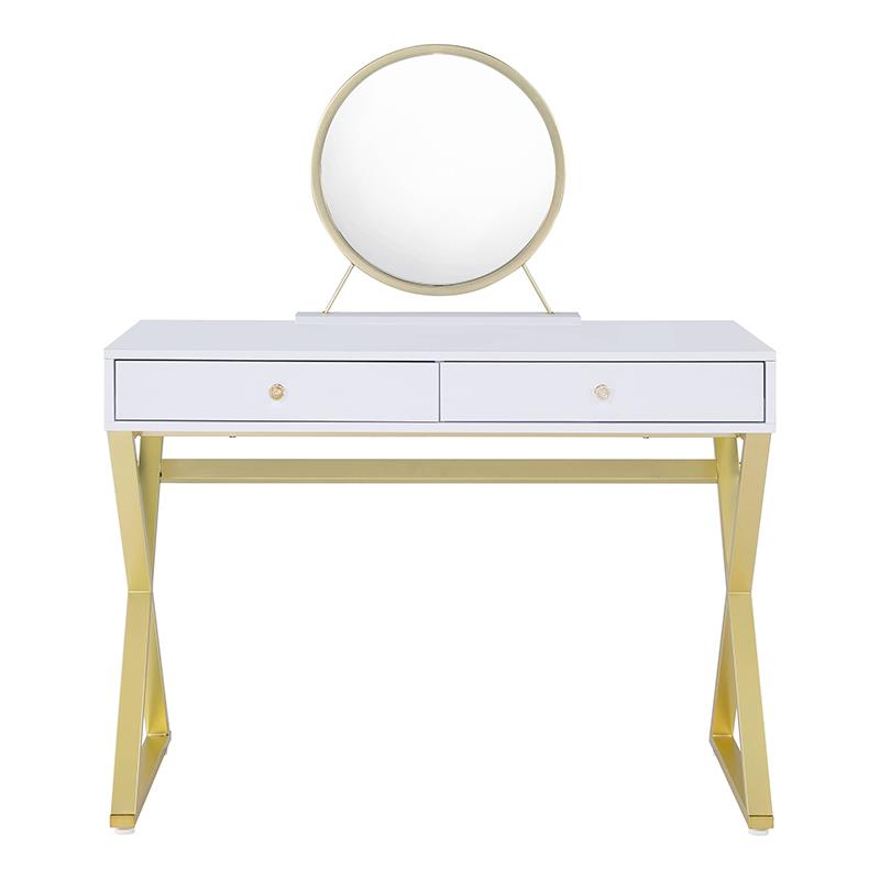 ACME Coleen 2 Wooden Drawers Vanity Desk with Jewelry Tray in White and Gold