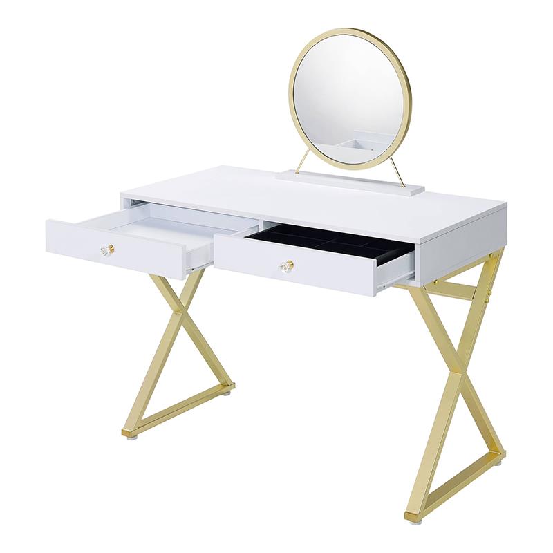 ACME Coleen 2 Wooden Drawers Vanity Desk with Jewelry Tray in White and Gold