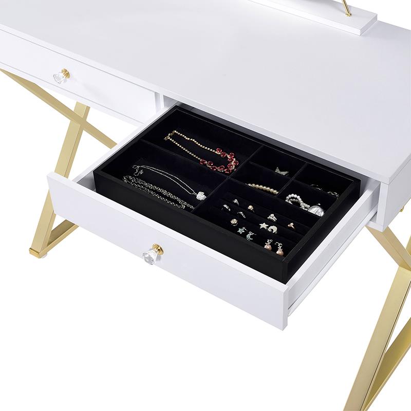 ACME Coleen 2 Wooden Drawers Vanity Desk with Jewelry Tray in White and Gold