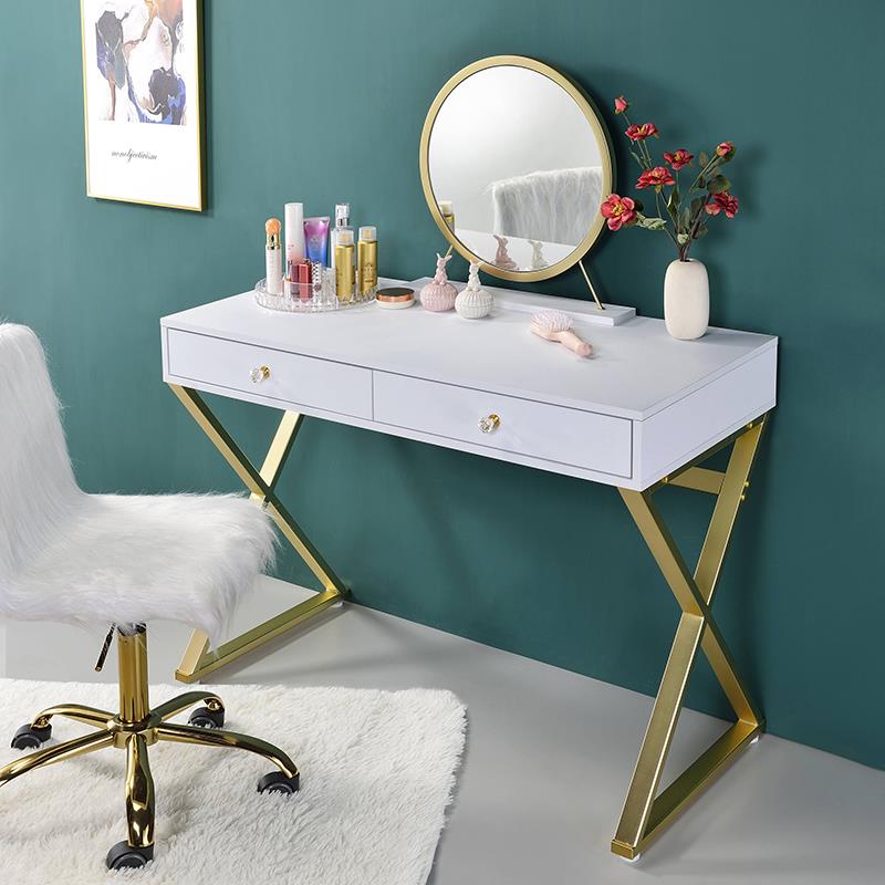 ACME Coleen 2 Wooden Drawers Vanity Desk with Jewelry Tray in White and Gold