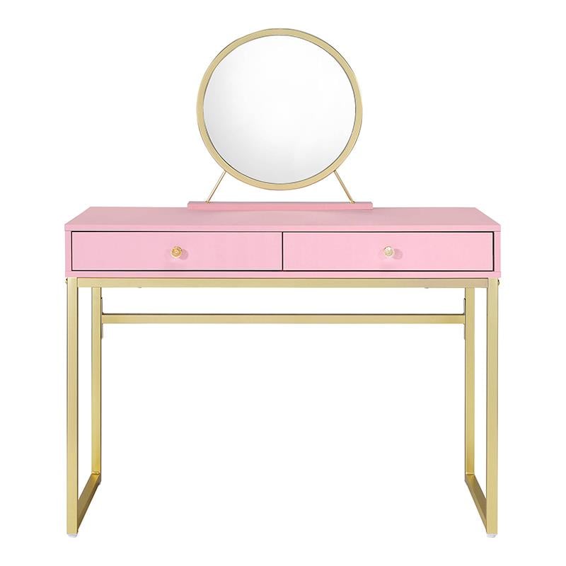 ACME Coleen 2 Wooden Drawers Vanity Desk with Jewelry Tray in Pink and Gold