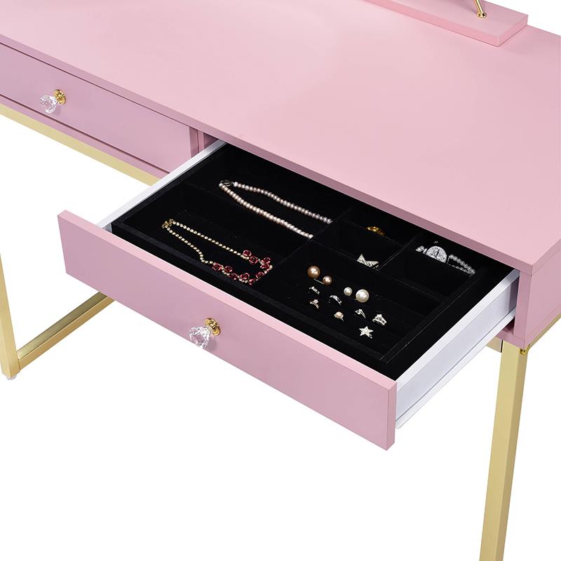 ACME Coleen 2 Wooden Drawers Vanity Desk with Jewelry Tray in Pink and Gold