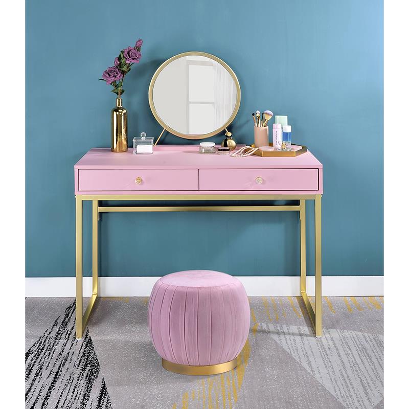 ACME Coleen 2 Wooden Drawers Vanity Desk with Jewelry Tray in Pink and Gold