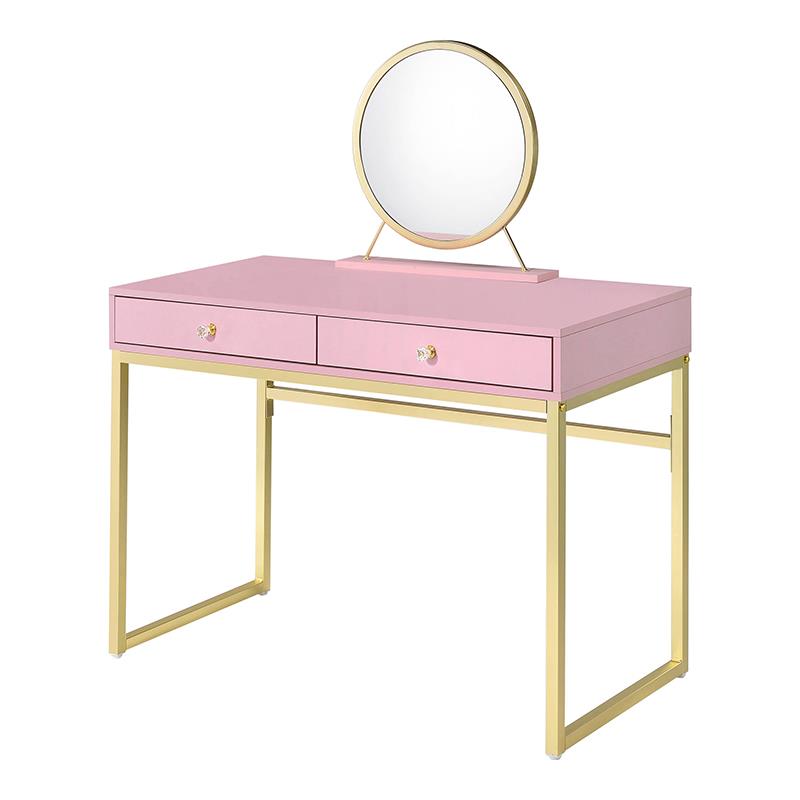 ACME Coleen 2 Wooden Drawers Vanity Desk with Jewelry Tray in Pink and Gold