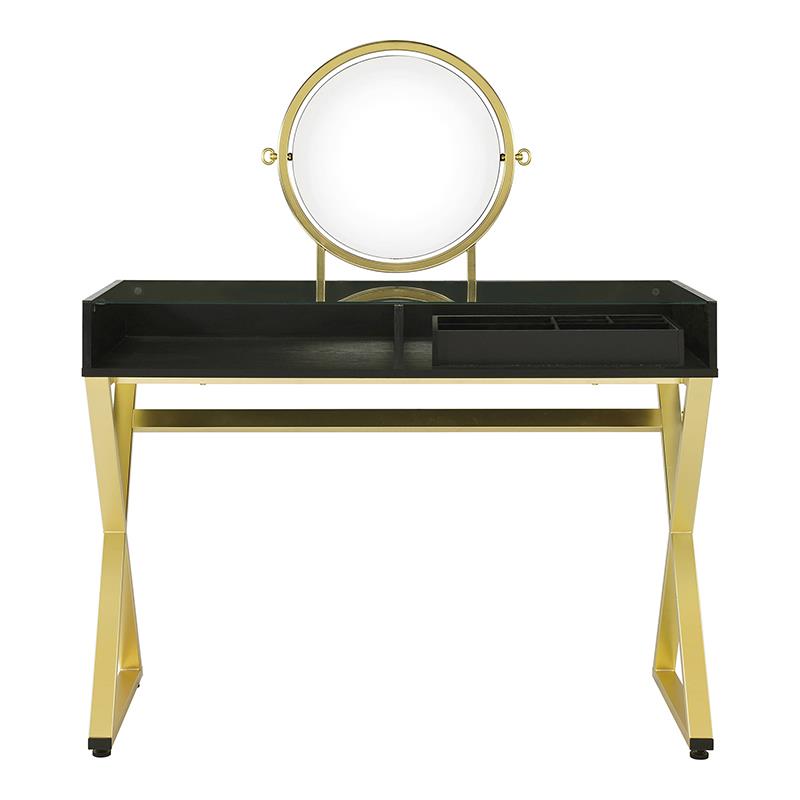 ACME Coleen Glass Top Vanity Desk with Jewelry Tray in Black and Gold