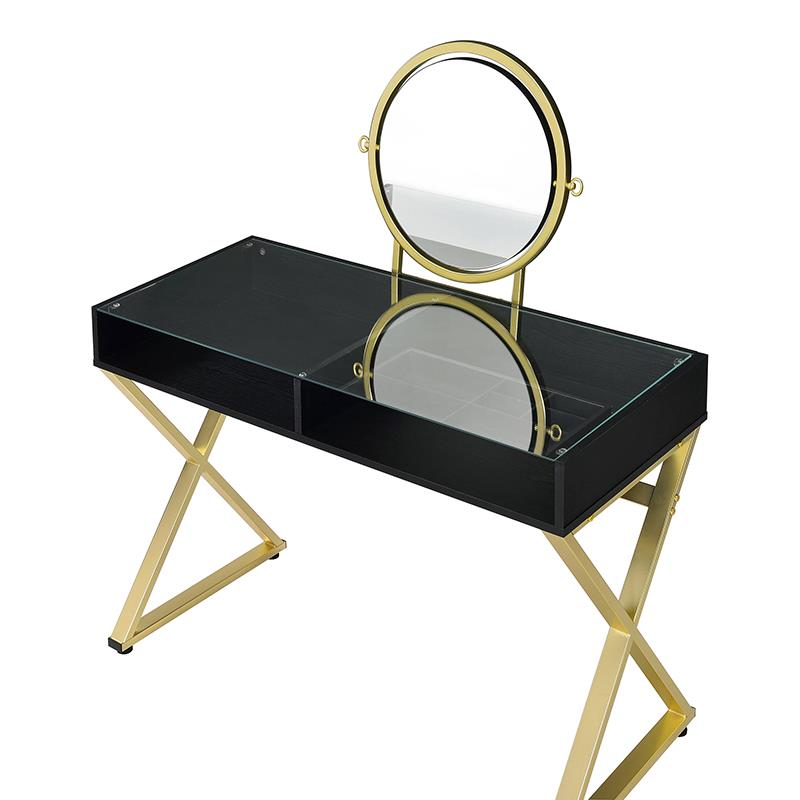 ACME Coleen Glass Top Vanity Desk with Jewelry Tray in Black and Gold
