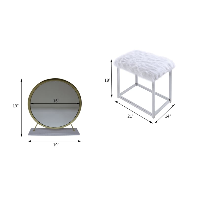 ACME Adao Vanity Mirror and Stool in White and Brass