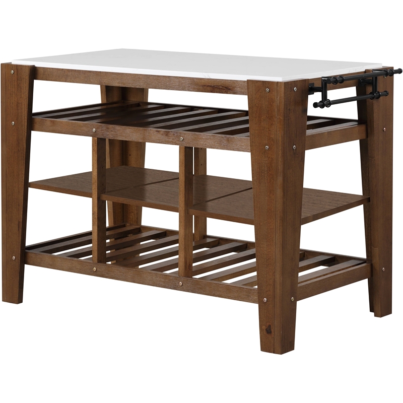 ACME Alaroa 3-Shelf Wooden Kitchen Island  in Marble and Rustic Brown