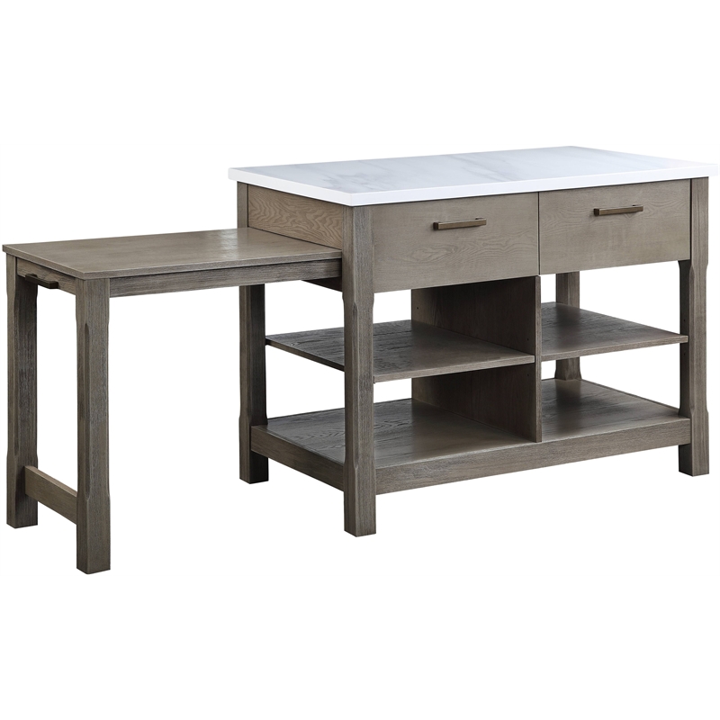 ACME Feivel Kitchen Island with Pull Out Table in Marble Top and Rustic Oak