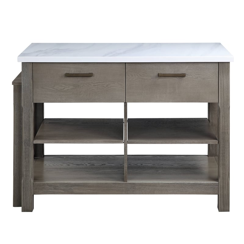 ACME Feivel Kitchen Island with Pull Out Table in Marble Top and Rustic Oak