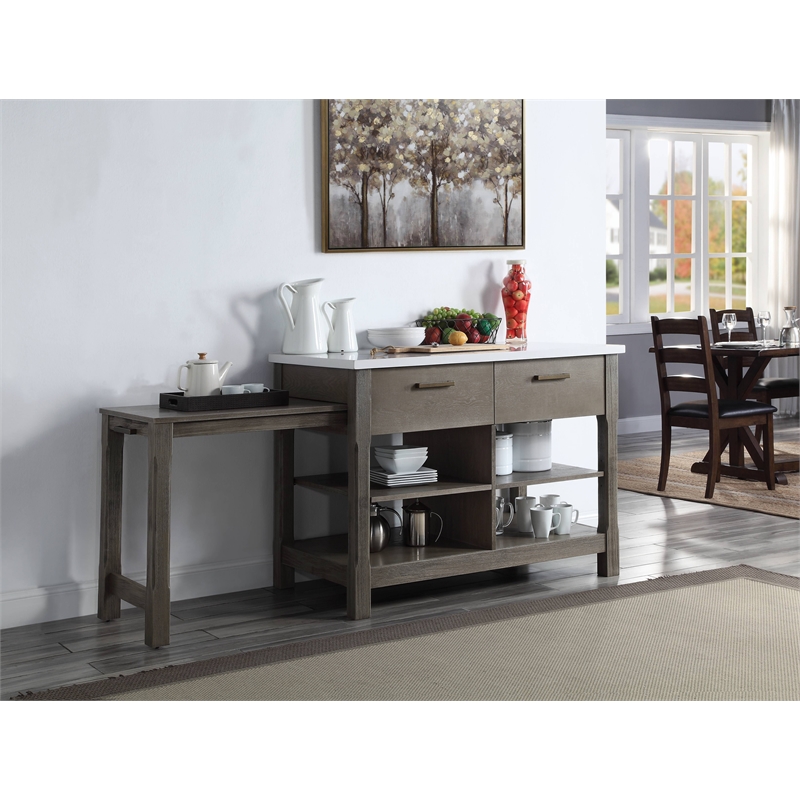 ACME Feivel Kitchen Island with Pull Out Table in Marble Top and Rustic Oak